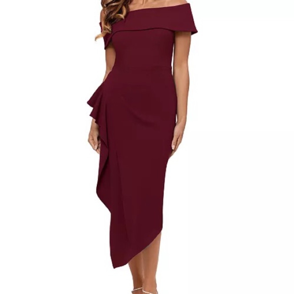 Betsy & Adam Burgundy Off The Shoulder Ruffle Dress Size 6